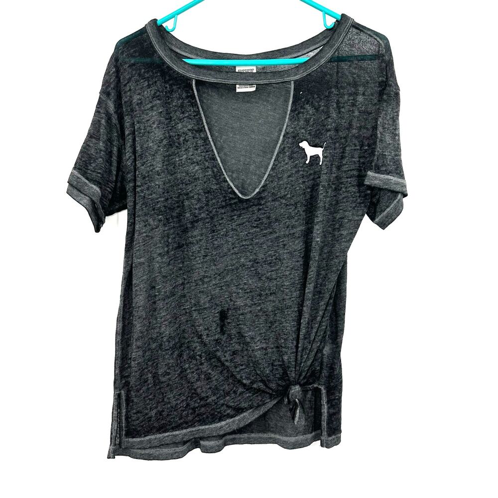 PINK Victoria's‎ Secret Size XS Shirt Gray Tie Front Open V Neck Keyhole Tee